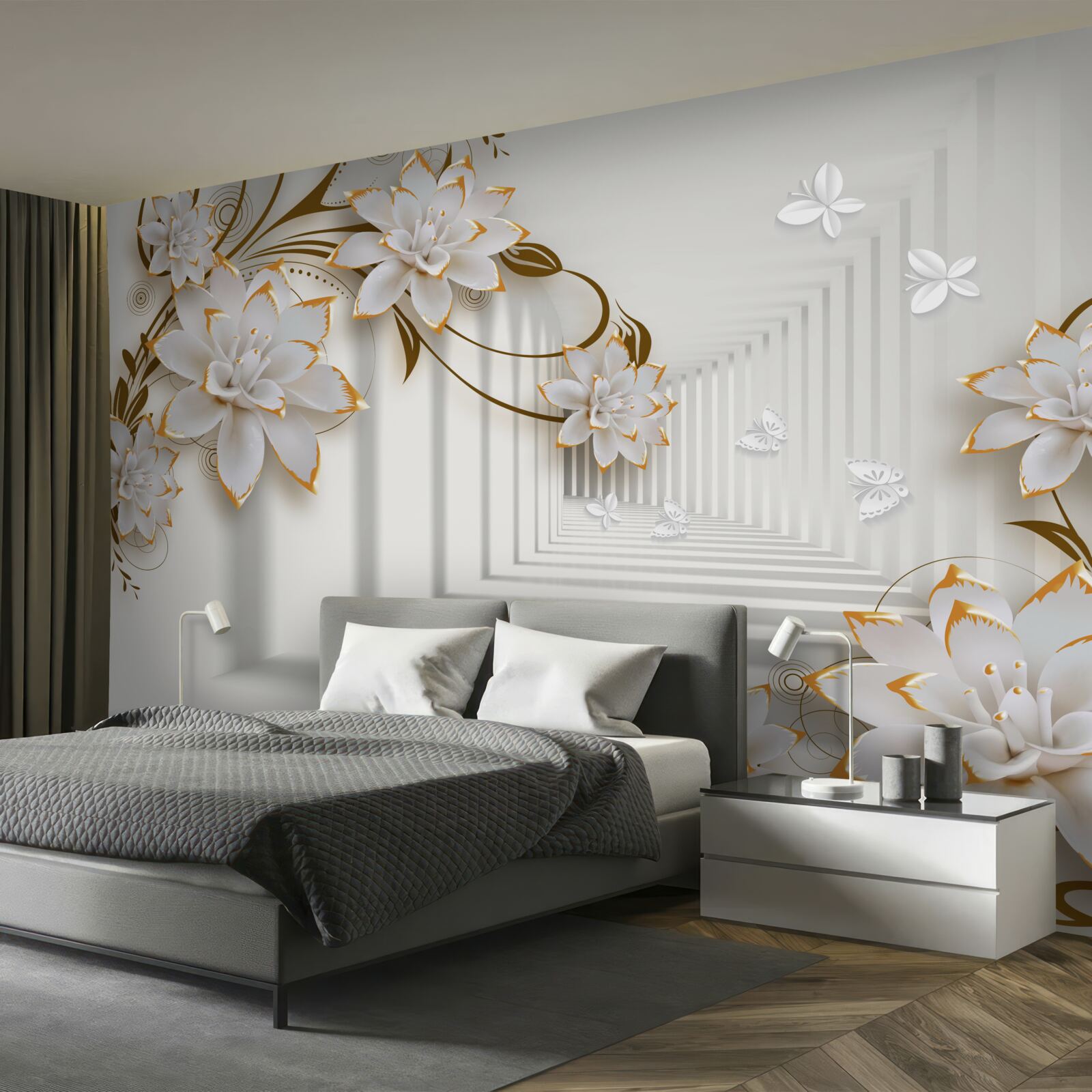Fototapeten Goldene Dekorationen auf weißem Lotus im Flur