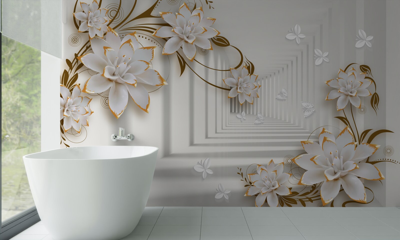 Fototapeten Goldene Dekorationen auf weißem Lotus im Flur
