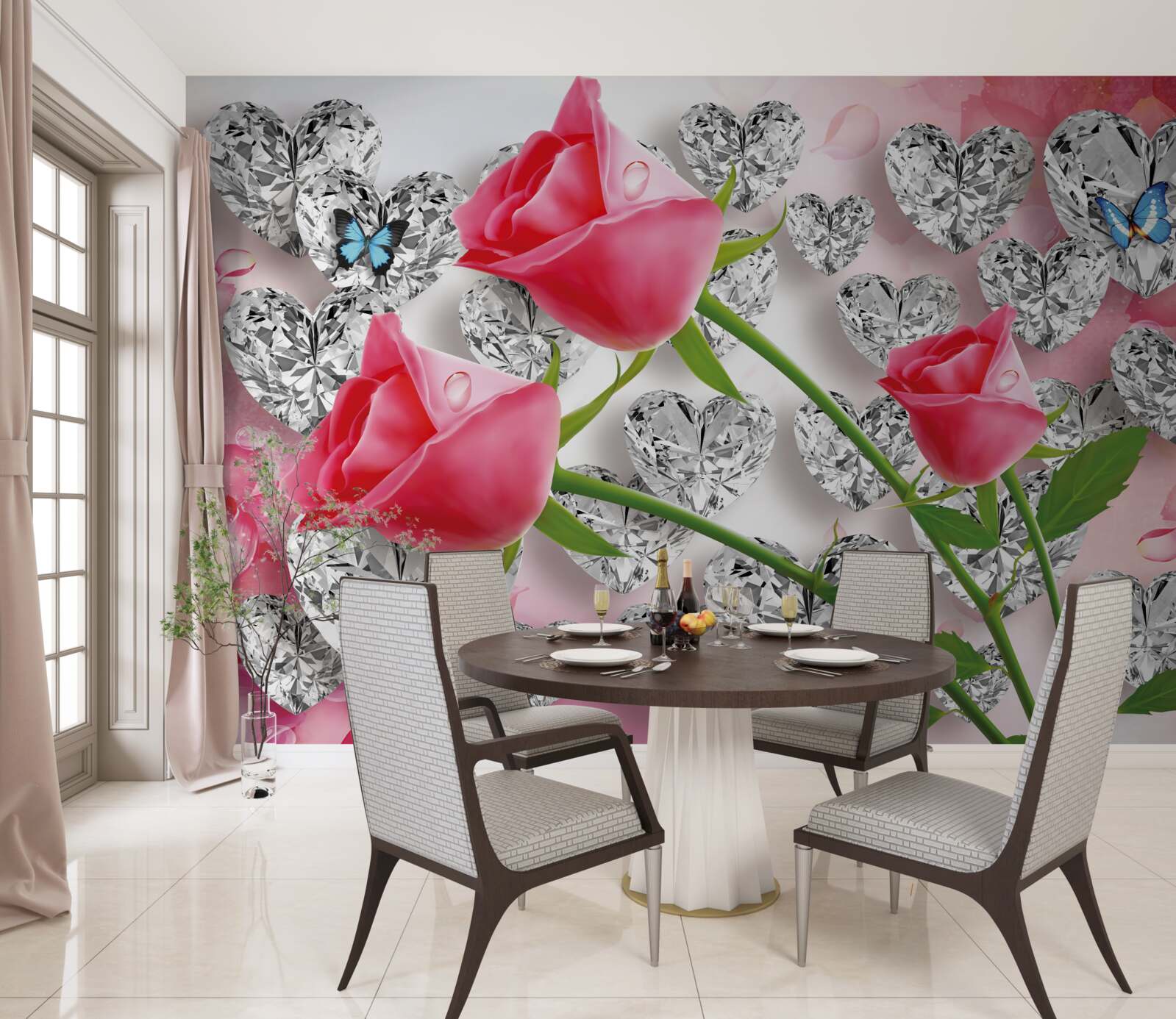 Fototapeten Knospen von rosa Rosen blühen zwischen Edelsteinen