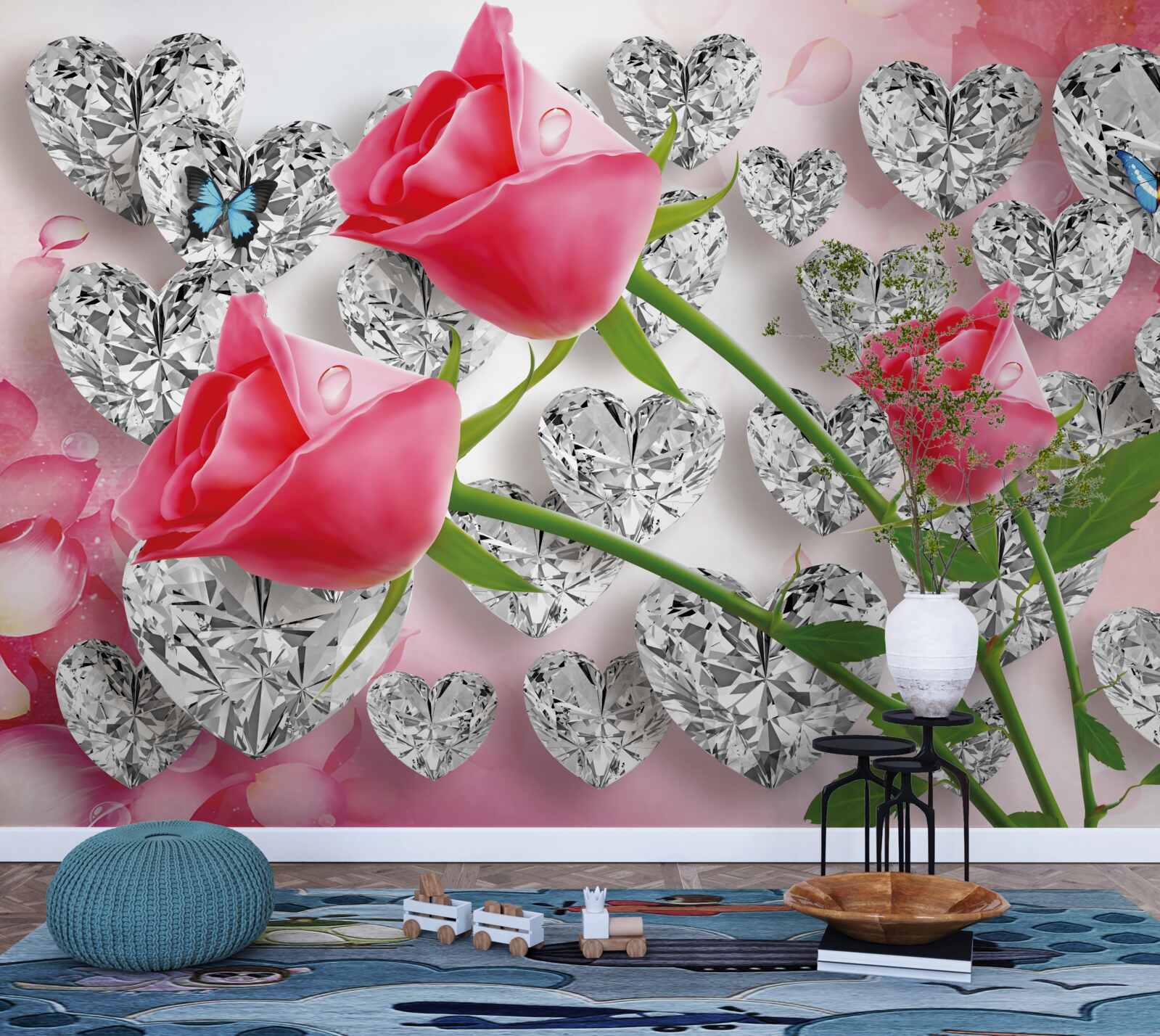 Fototapeten Knospen von rosa Rosen blühen zwischen Edelsteinen