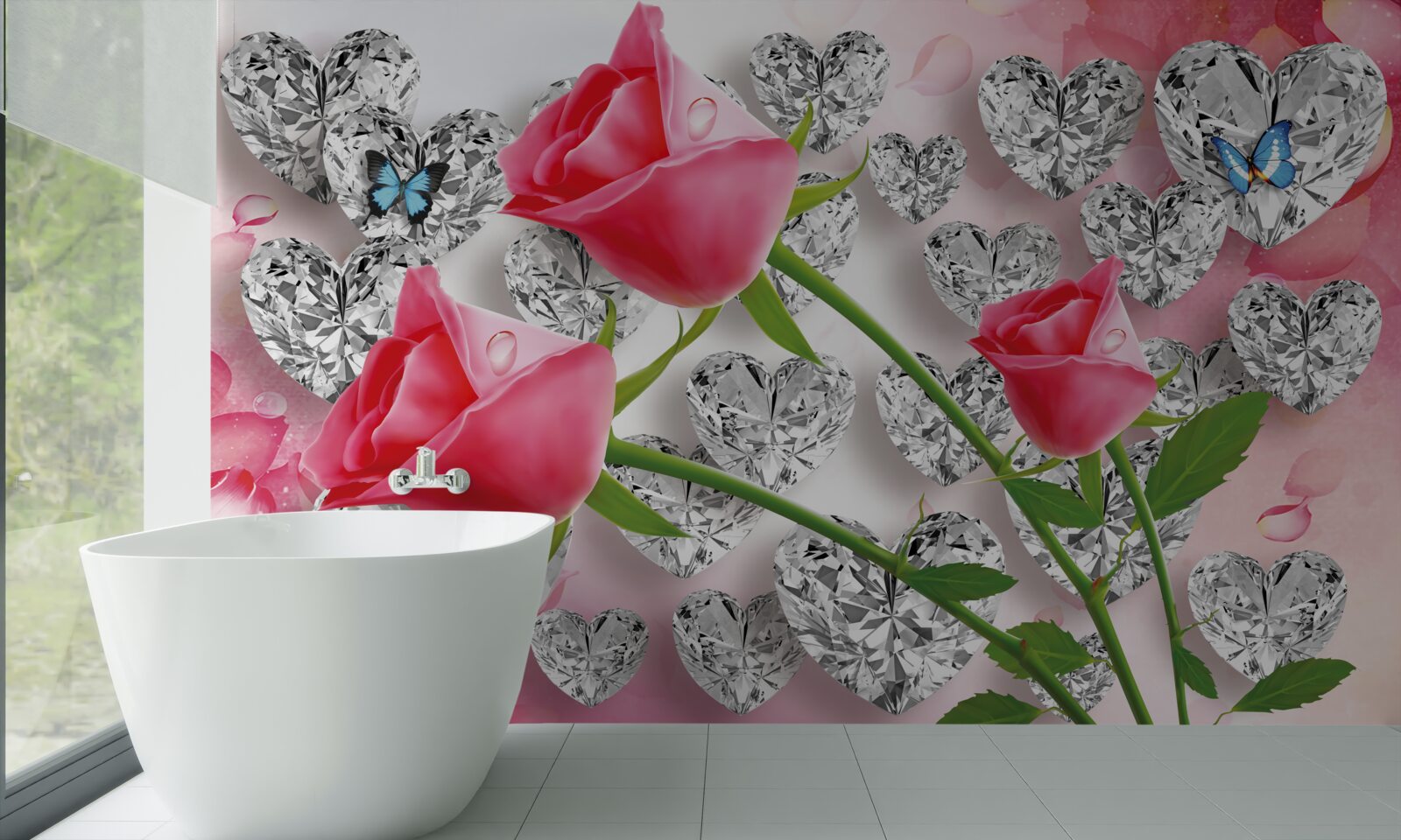 Fototapeten Knospen von rosa Rosen blühen zwischen Edelsteinen