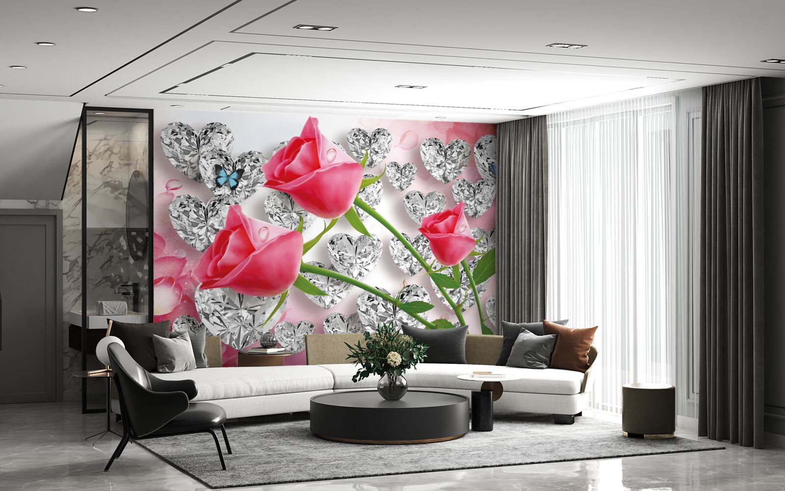 Fototapeten Knospen von rosa Rosen blühen zwischen Edelsteinen