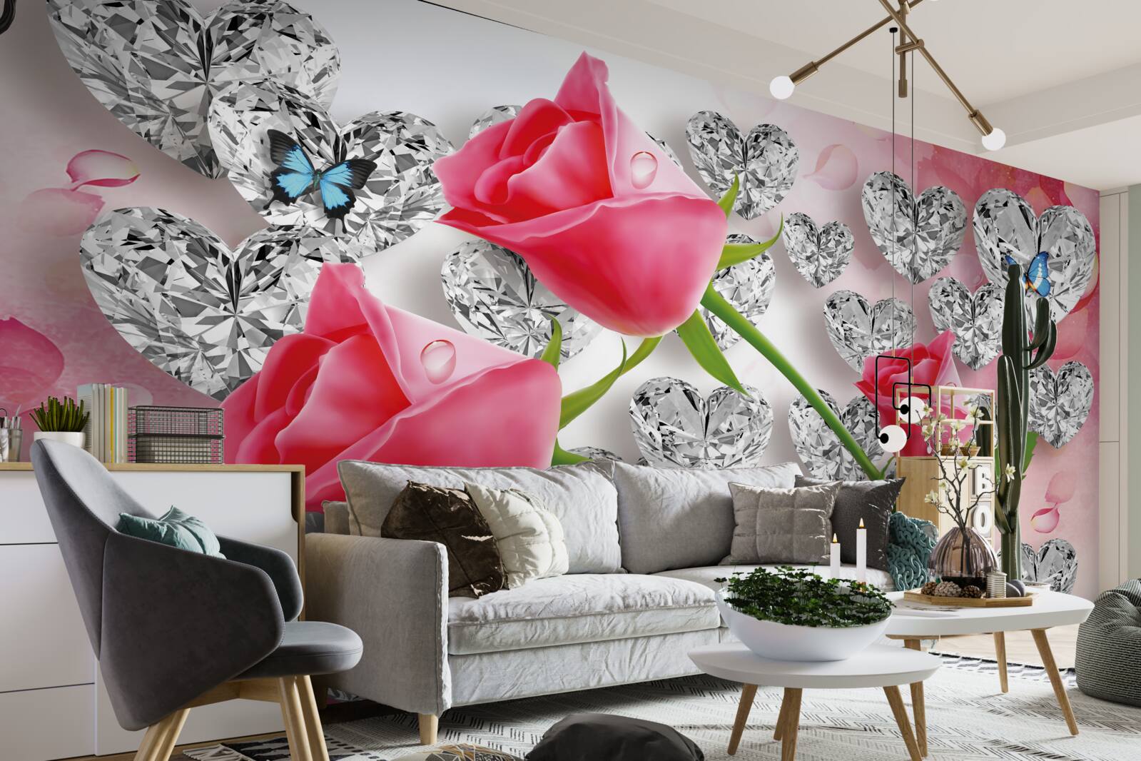 Fototapeten Knospen von rosa Rosen blühen zwischen Edelsteinen