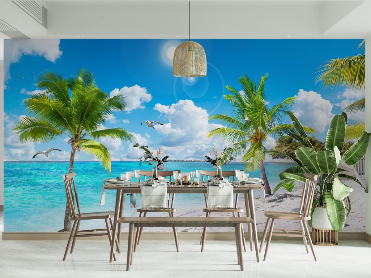 Fototapeten Strand mit Sand und Palmen