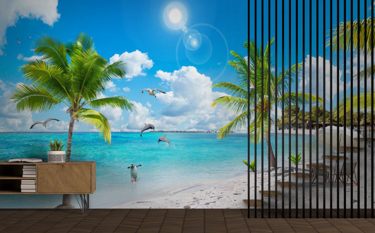Fototapeten Strand mit Sand und Palmen