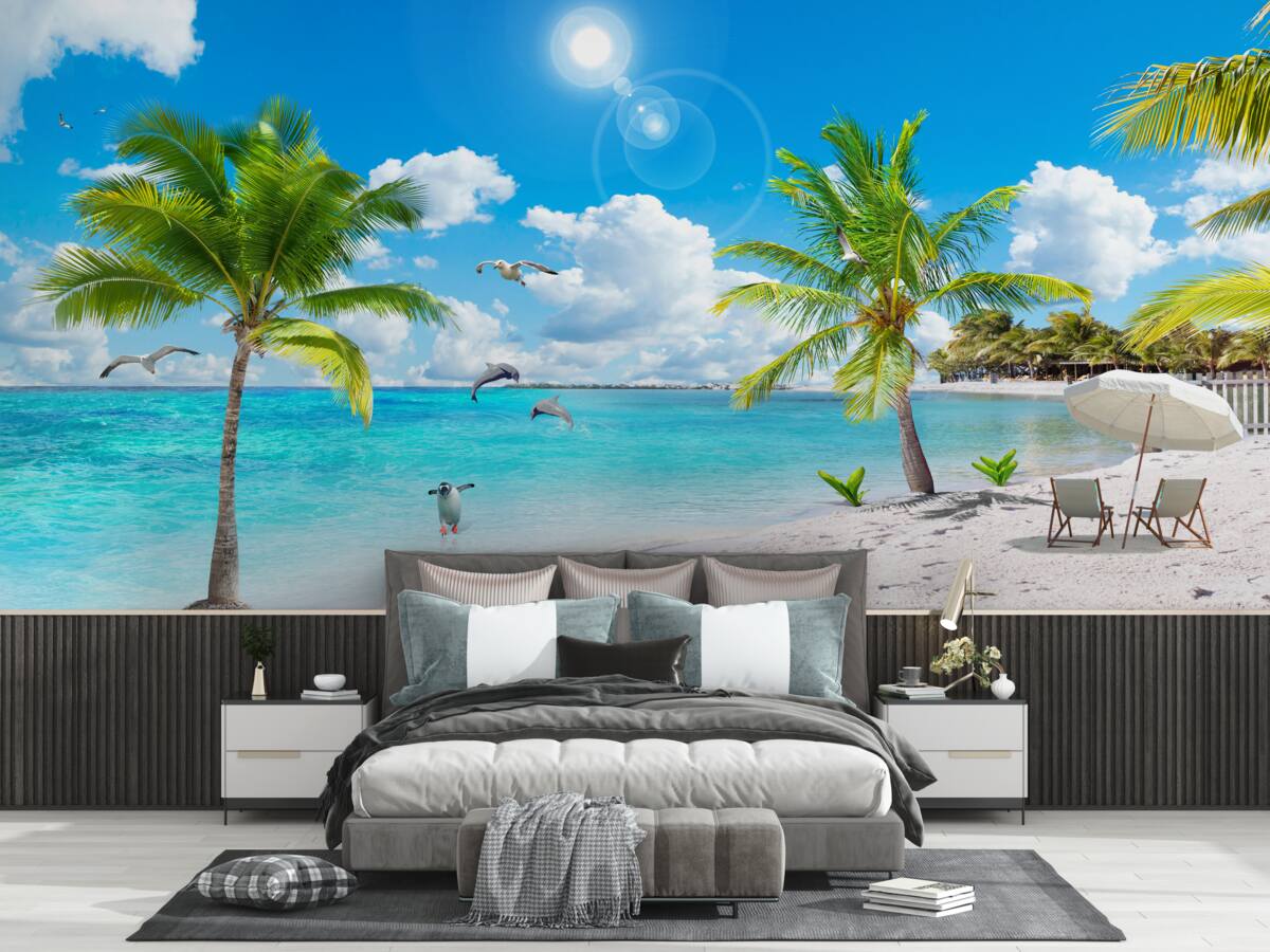 Fototapeten Strand mit Sand und Palmen
