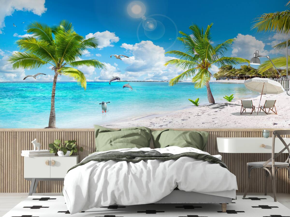 Fototapeten Strand mit Sand und Palmen