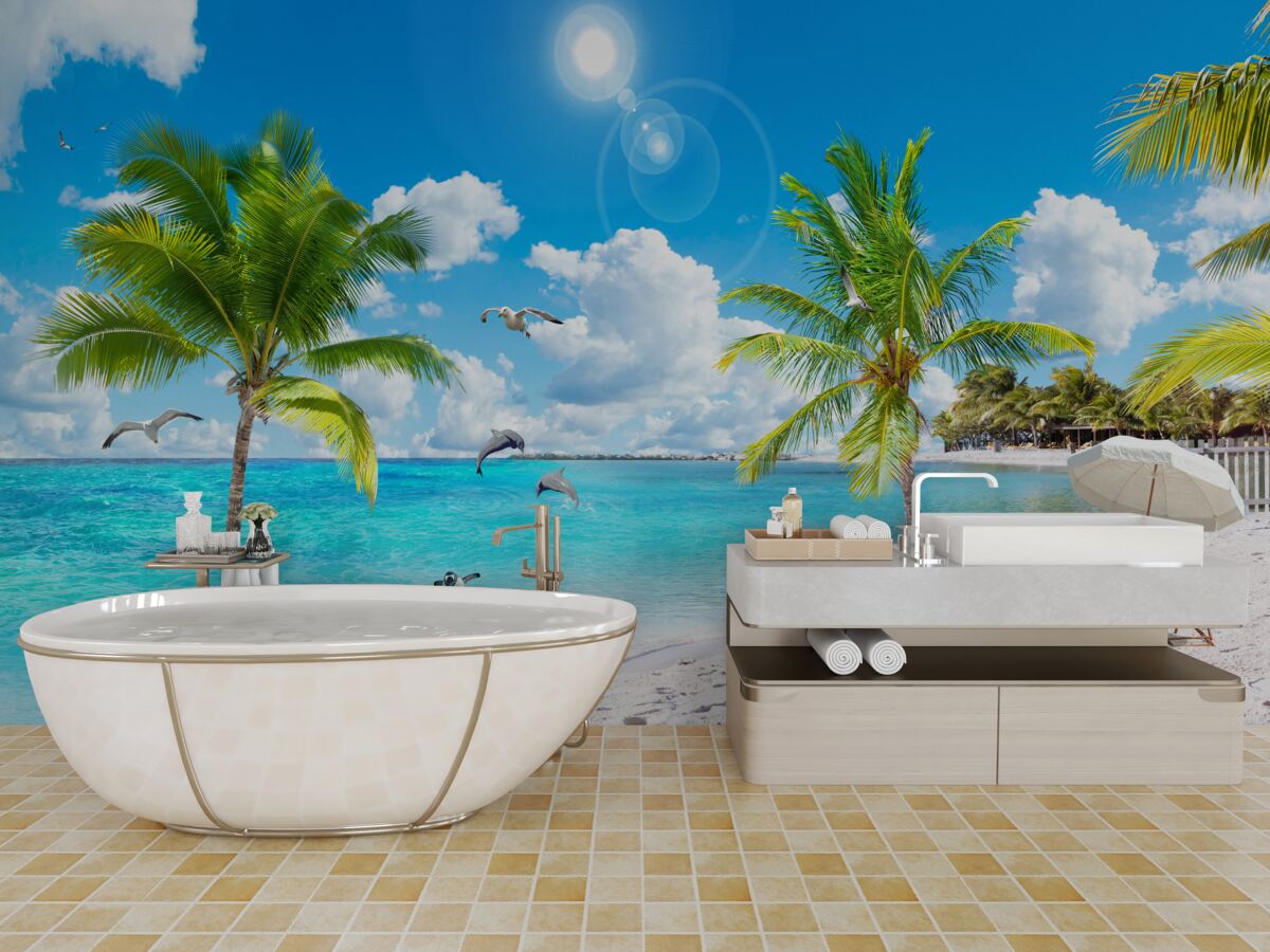 Fototapeten Strand mit Sand und Palmen