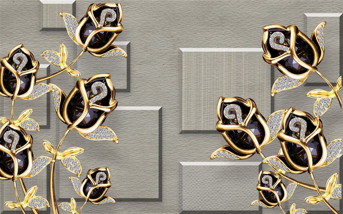 Fototapeten Schwarze Rosen mit einem goldenen Rahmen