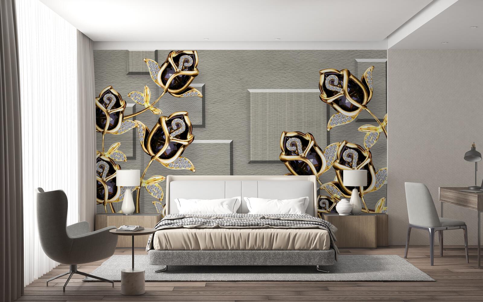Fototapeten Schwarze Rosen mit einem goldenen Rahmen