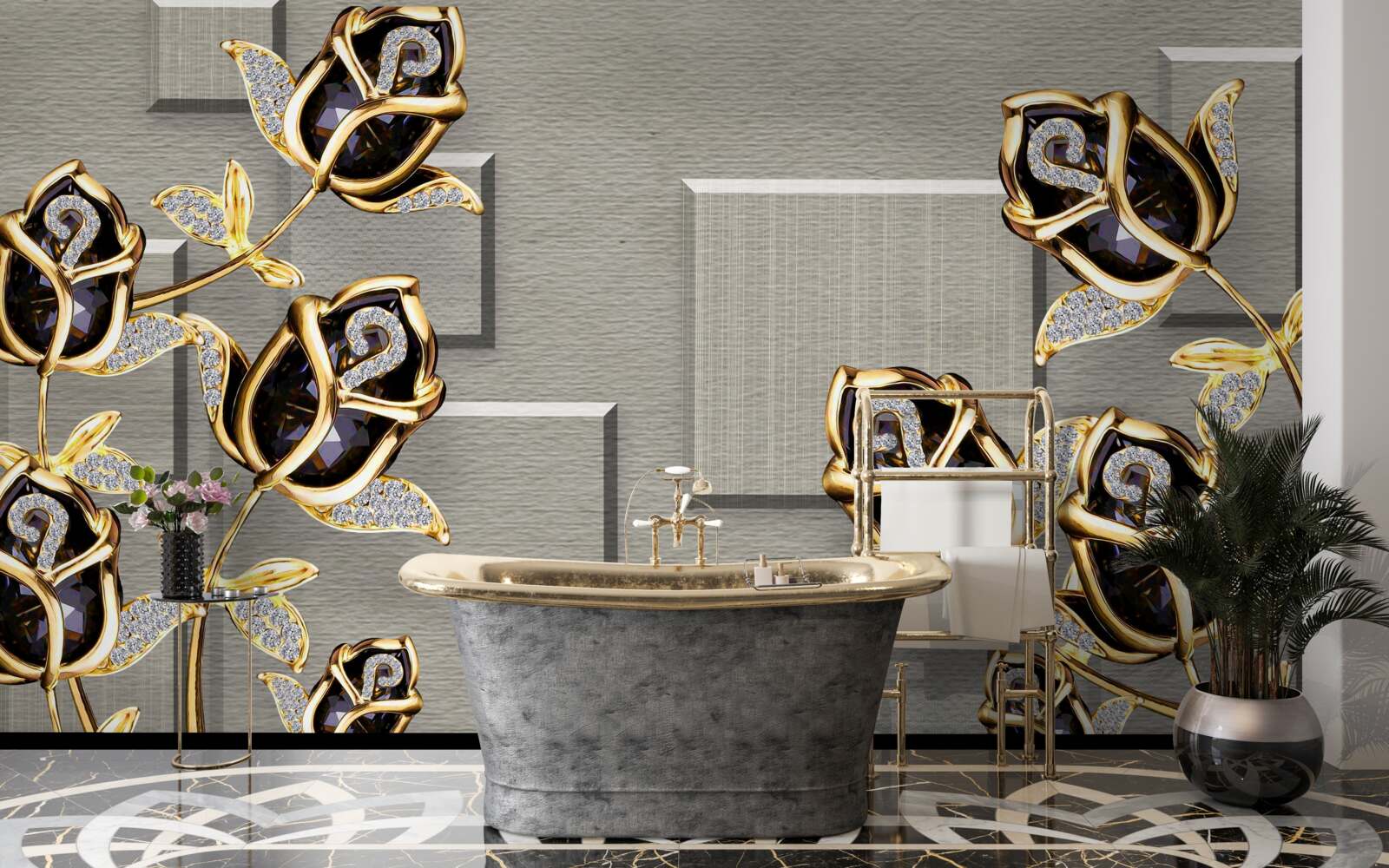 Fototapeten Schwarze Rosen mit einem goldenen Rahmen