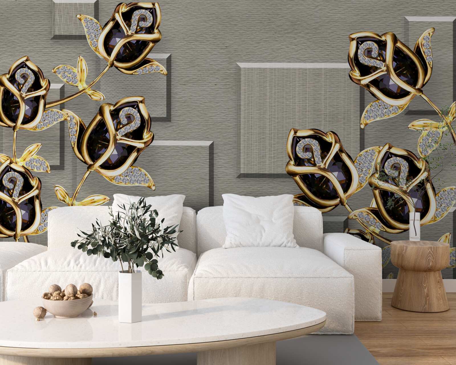 Fototapeten Schwarze Rosen mit einem goldenen Rahmen