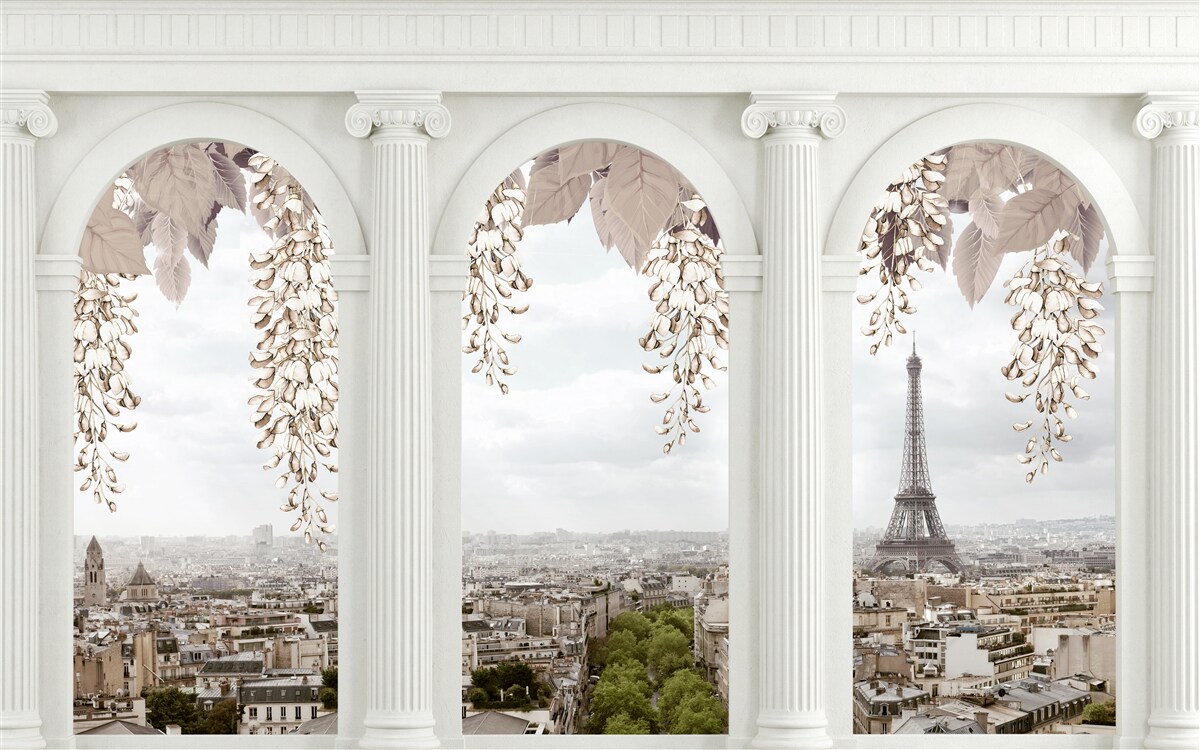 Fototapeten Blumenbögen mit atemberaubenden Aussichten auf Paris