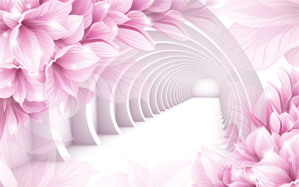 Fototapeten Pink Blumen und ein abstrakter Tunnel