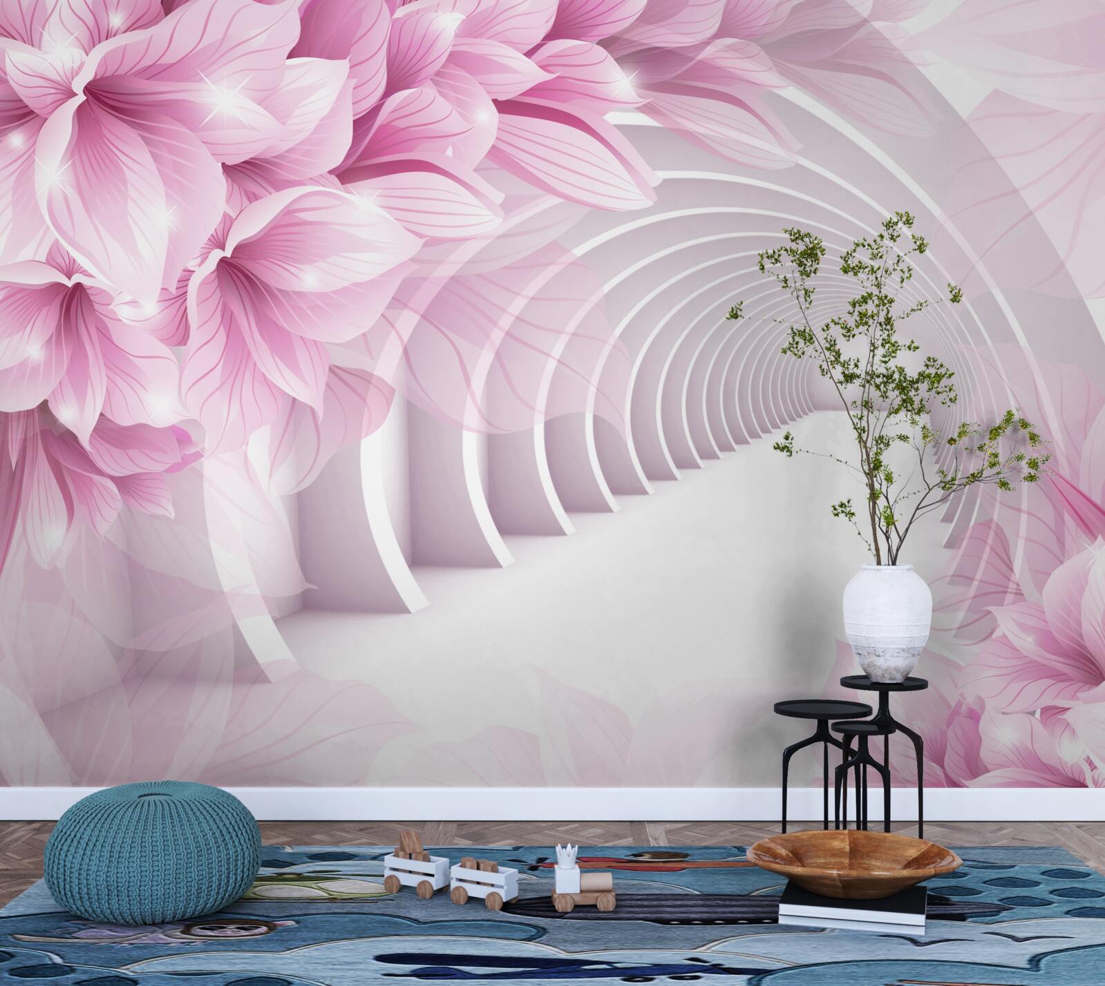 Fototapeten Pink Blumen und ein abstrakter Tunnel