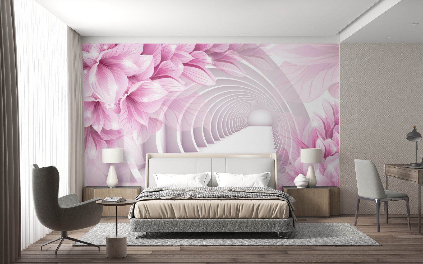 Fototapeten Pink Blumen und ein abstrakter Tunnel