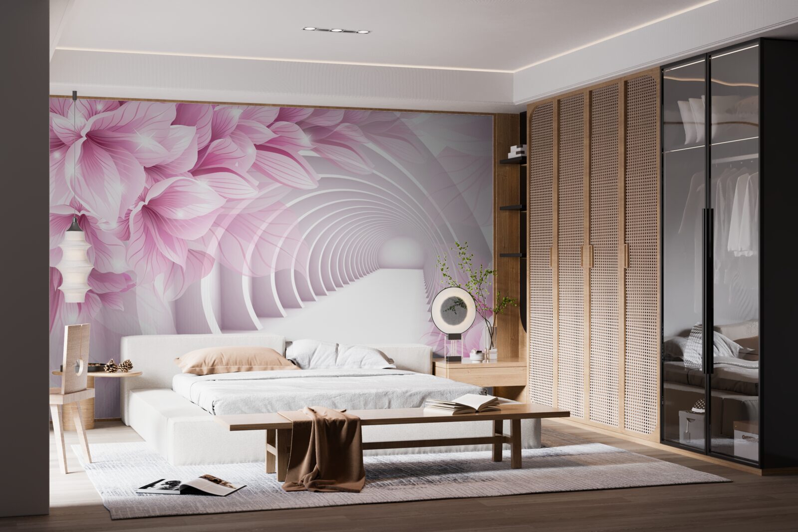 Fototapeten Pink Blumen und ein abstrakter Tunnel