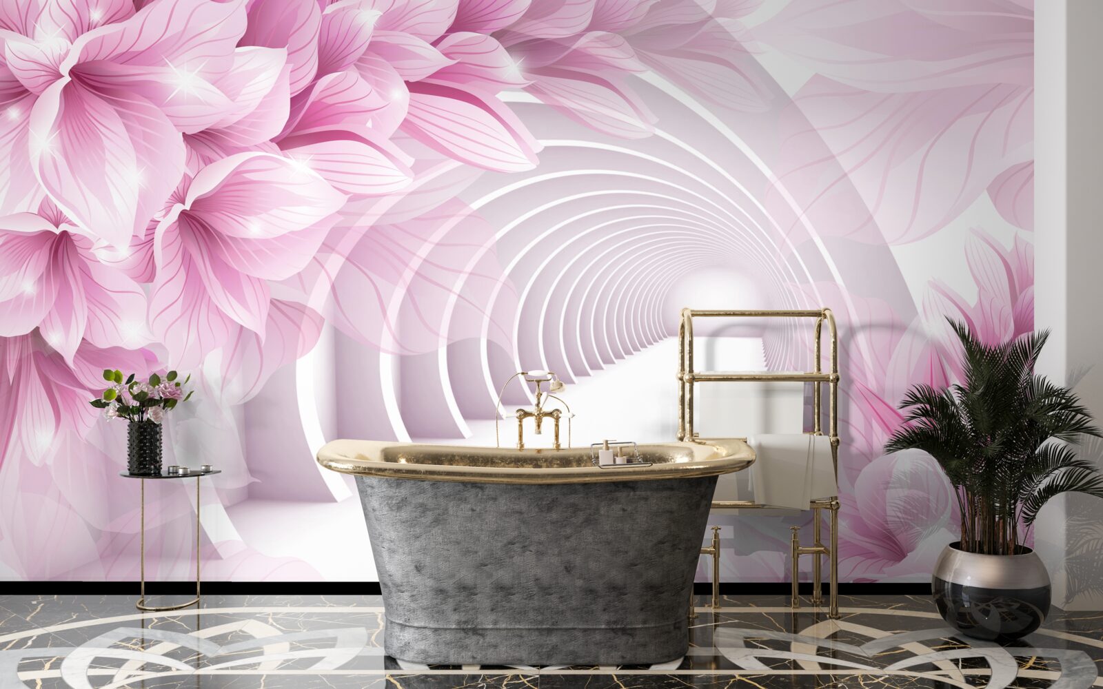 Fototapeten Pink Blumen und ein abstrakter Tunnel