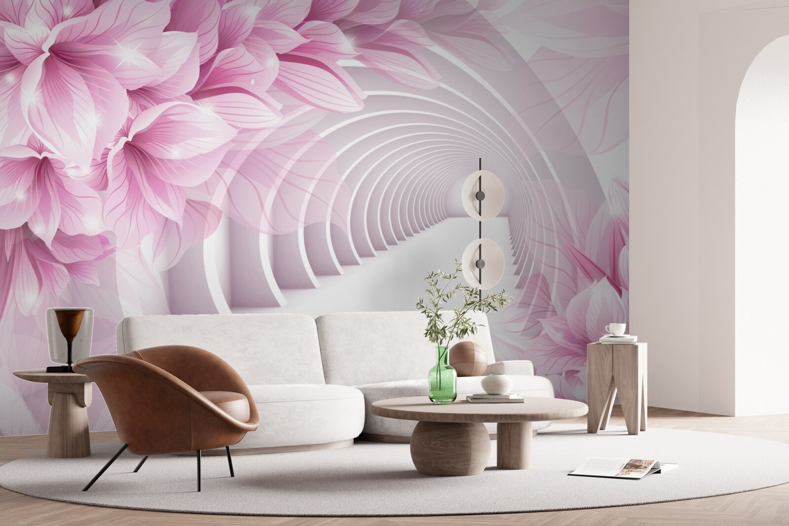 Fototapeten Pink Blumen und ein abstrakter Tunnel
