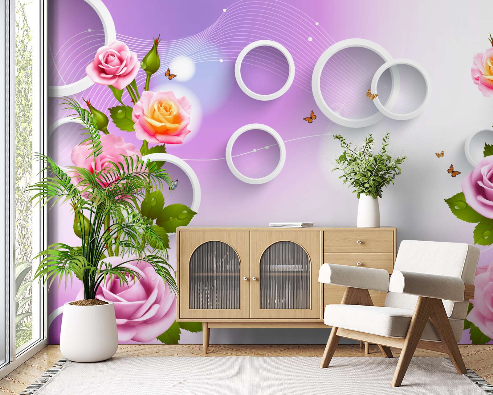 Fototapeten Eine Reihe von leichten Rosen auf einem hellen Hintergrund
