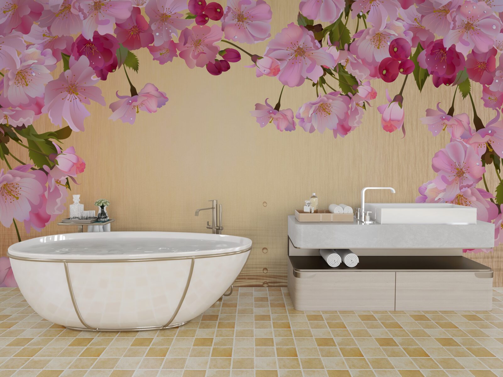 Fototapeten Wasser unter üppigen rosa Blumen
