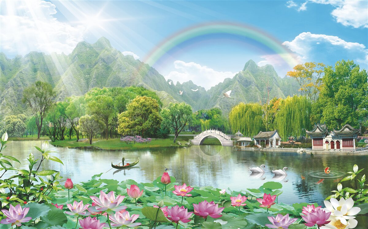 Fototapeten Die faszinierende Landschaft der Natur und der Regenbogen