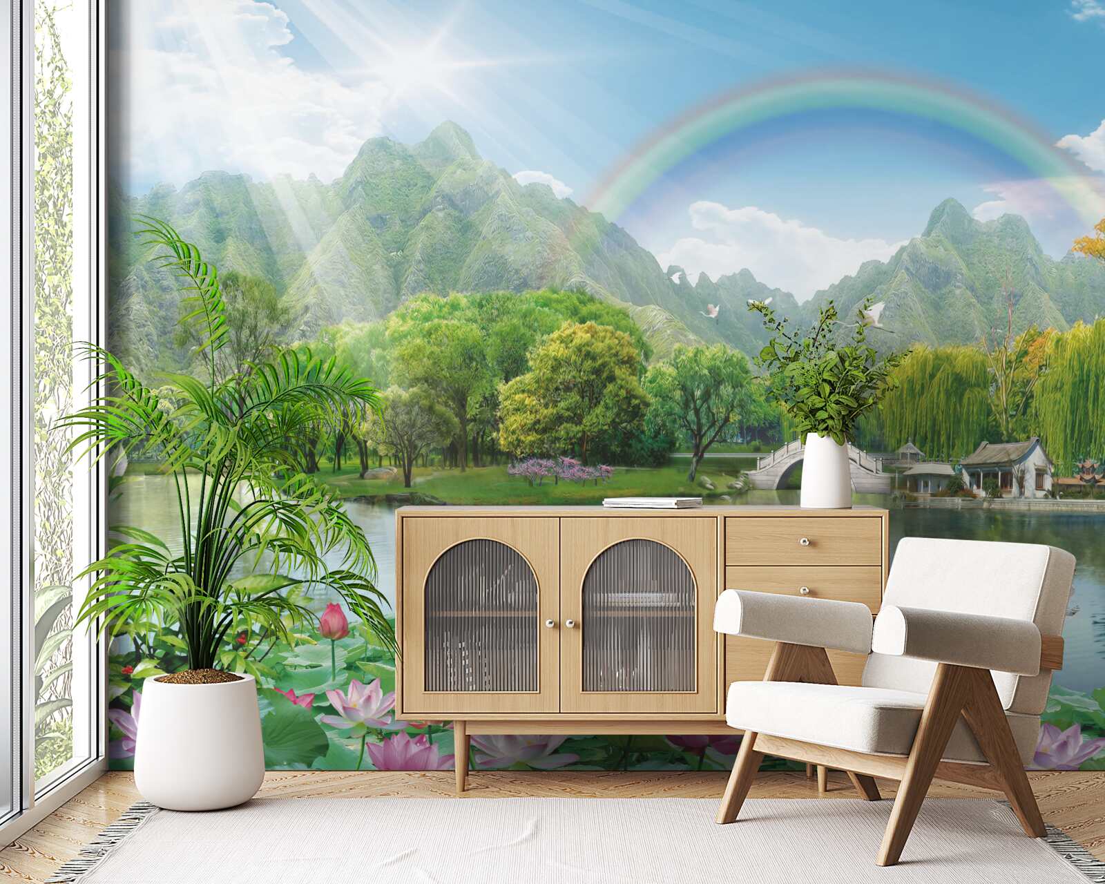 Fototapeten Die faszinierende Landschaft der Natur und der Regenbogen
