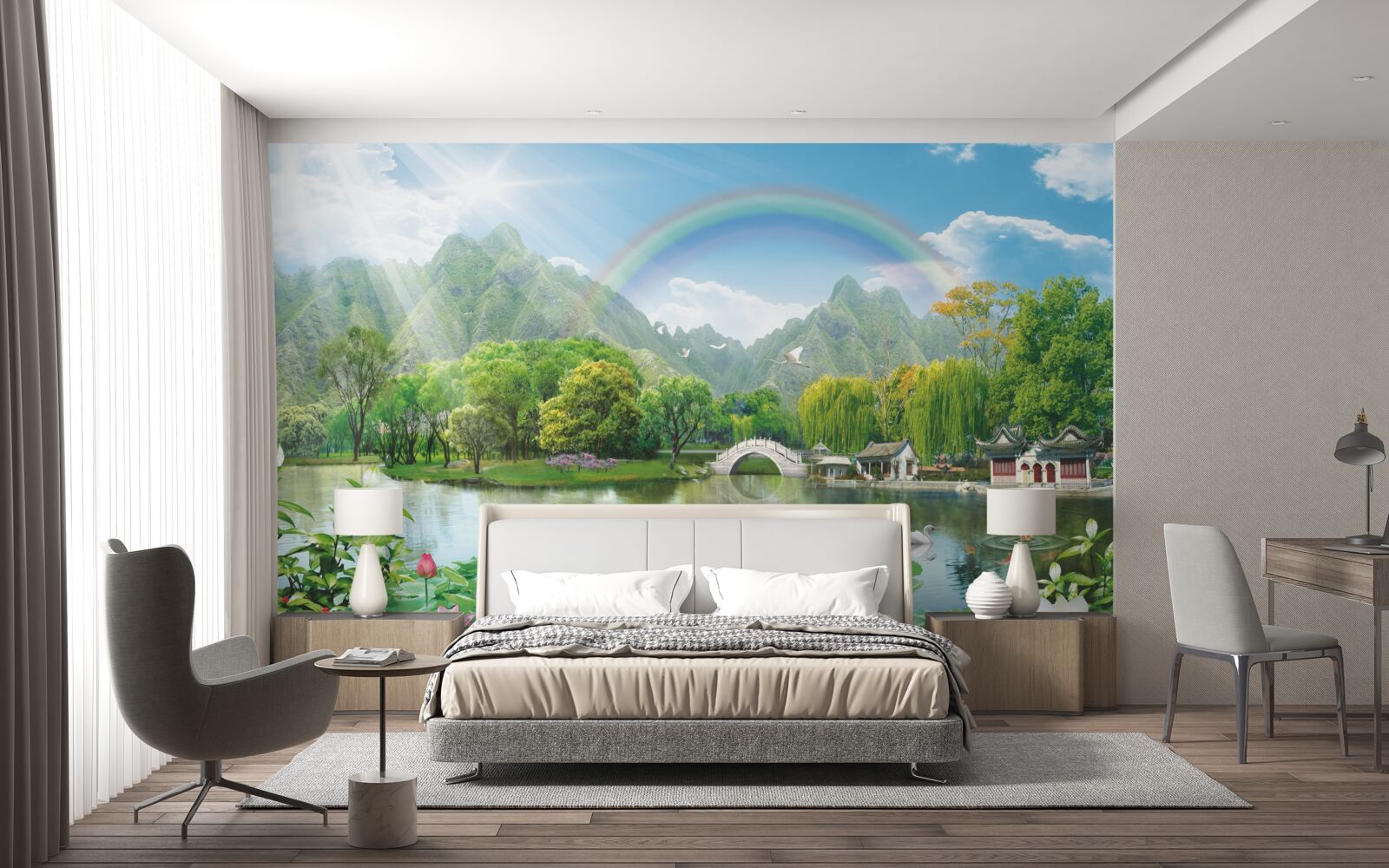 Fototapeten Die faszinierende Landschaft der Natur und der Regenbogen