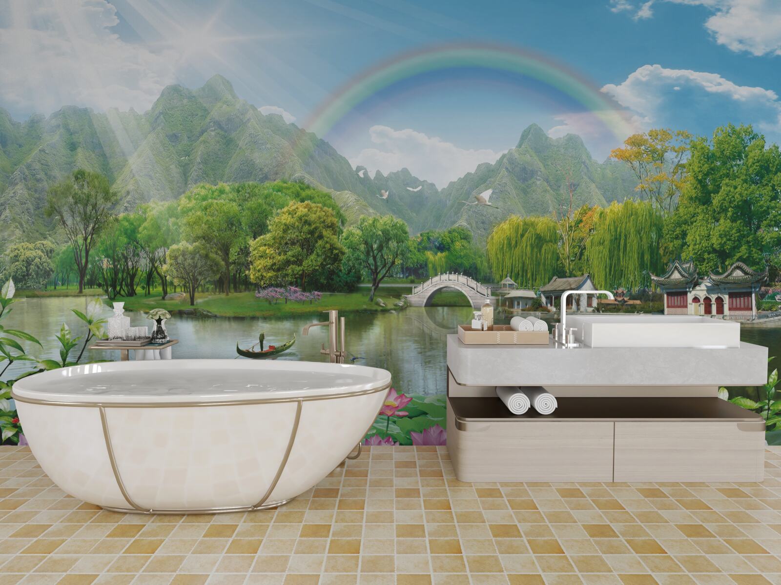 Fototapeten Die faszinierende Landschaft der Natur und der Regenbogen