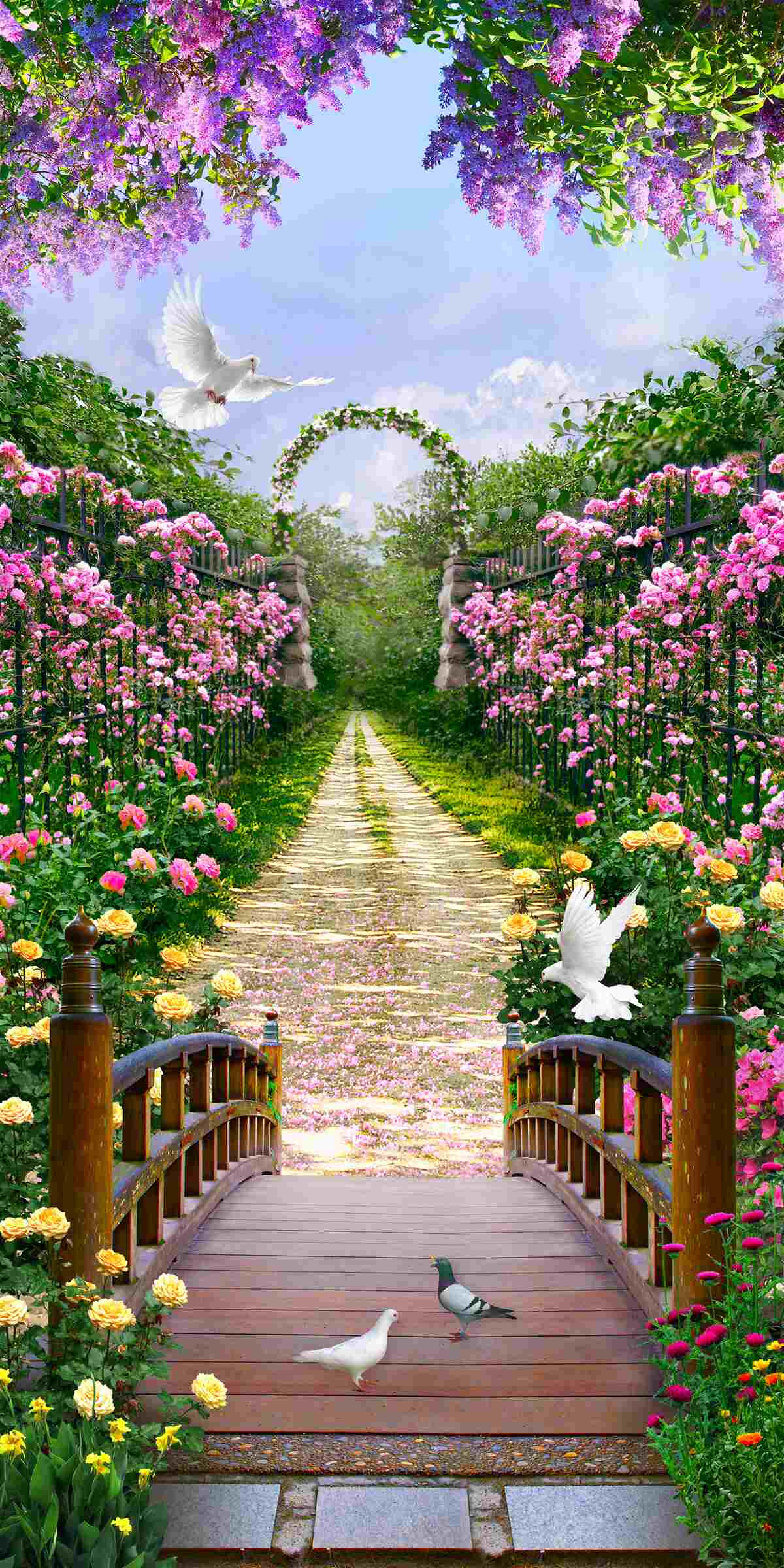 Fototapeten Die Brücke umgeben von Sommerblumen auf der Avenue