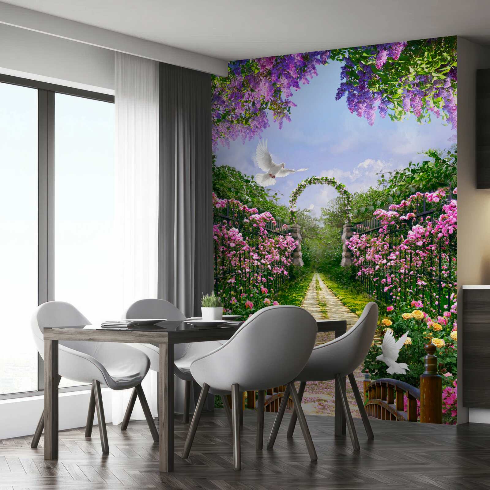 Fototapeten Die Brücke umgeben von Sommerblumen auf der Avenue
