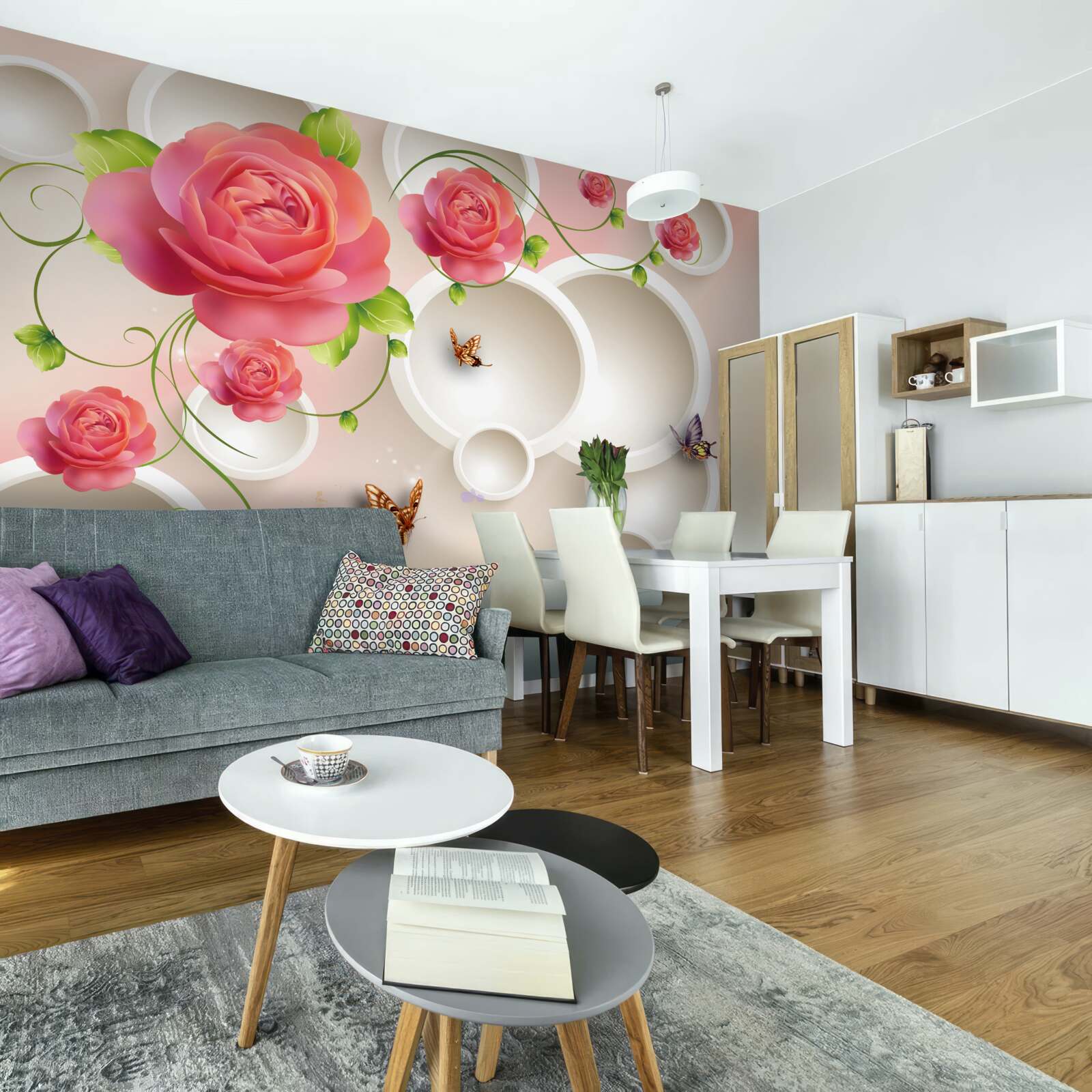 Fototapeten Rose und weiße Kreise scharlachrote Blüten