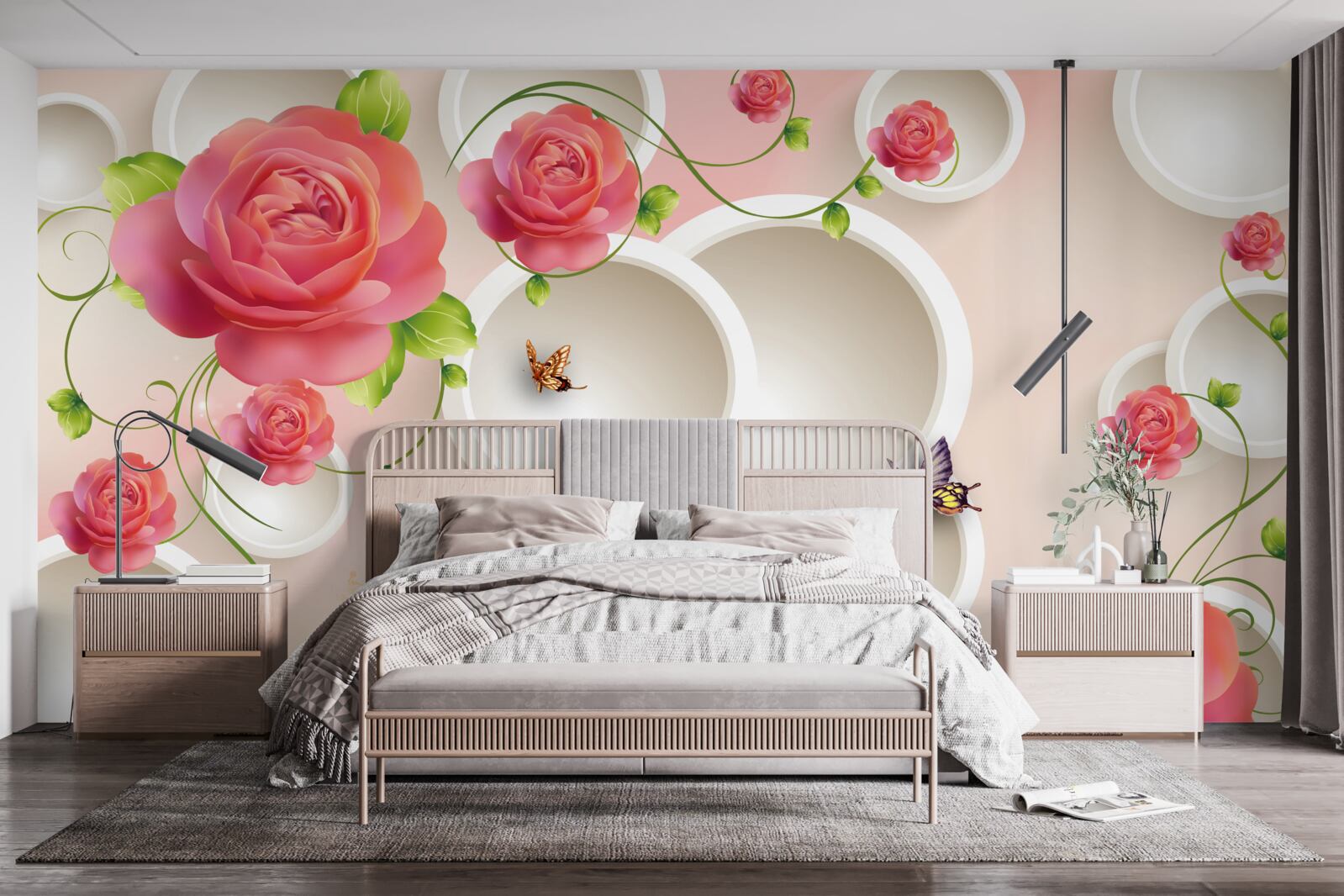 Fototapeten Rose und weiße Kreise scharlachrote Blüten