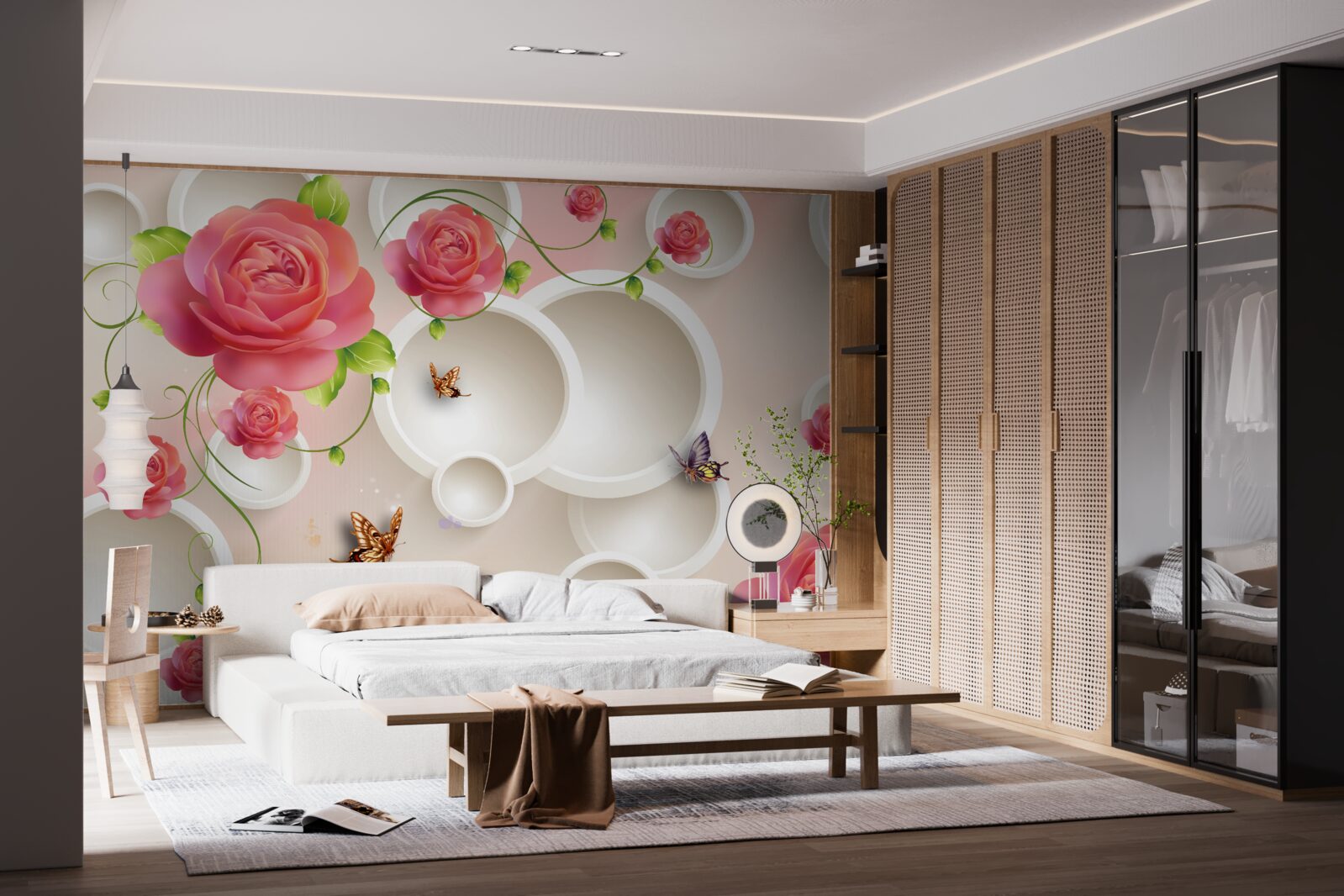 Fototapeten Rose und weiße Kreise scharlachrote Blüten