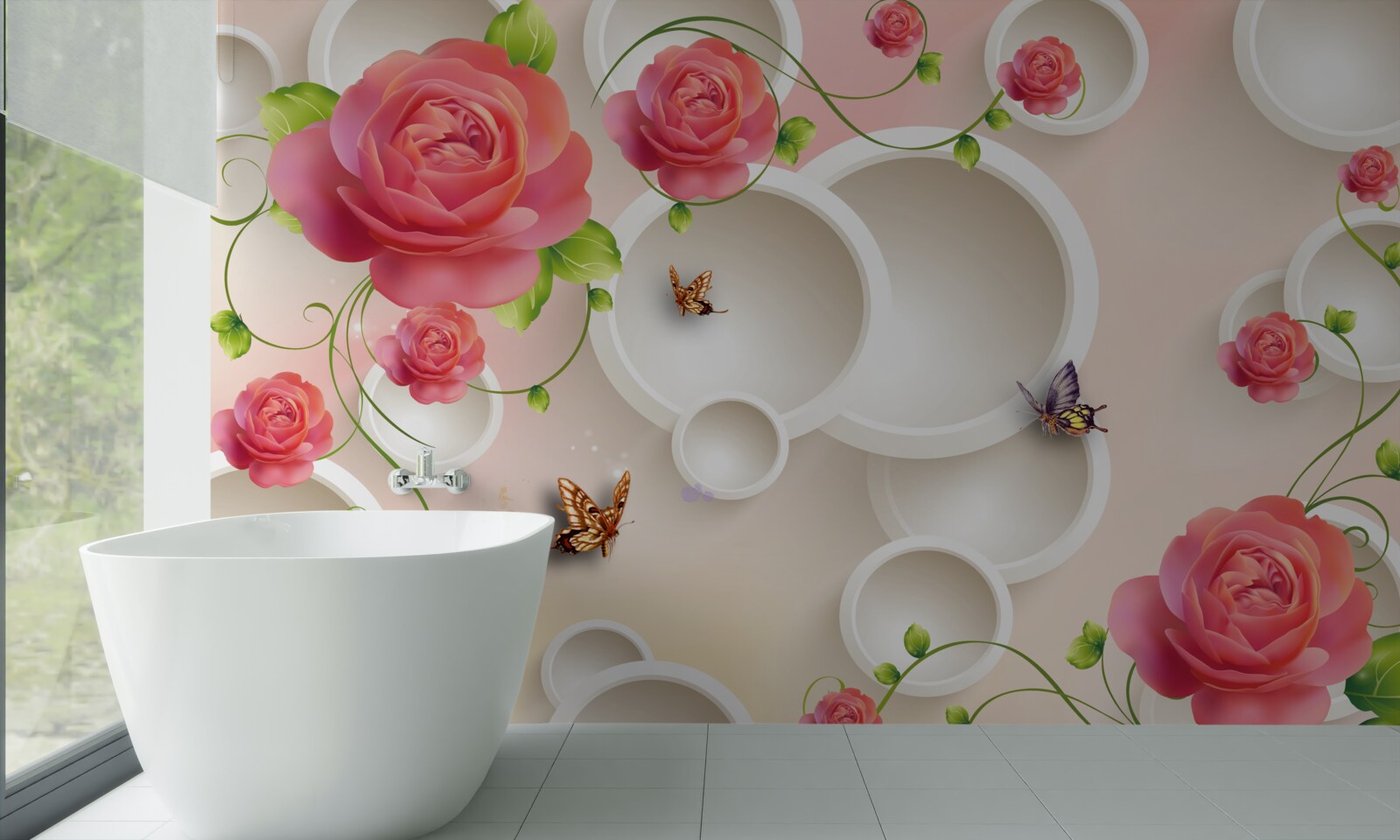 Fototapeten Rose und weiße Kreise scharlachrote Blüten