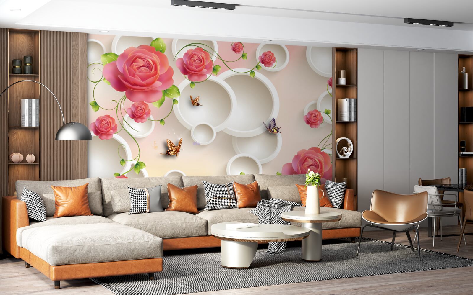 Fototapeten Rose und weiße Kreise scharlachrote Blüten