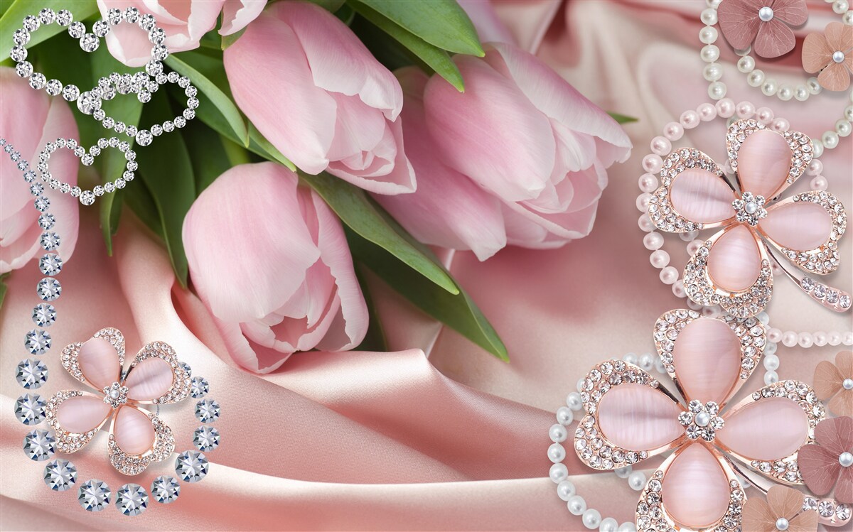 Fototapeten Pink Tulpen, mit Perlen auf einem Seidenhintergrund verziert