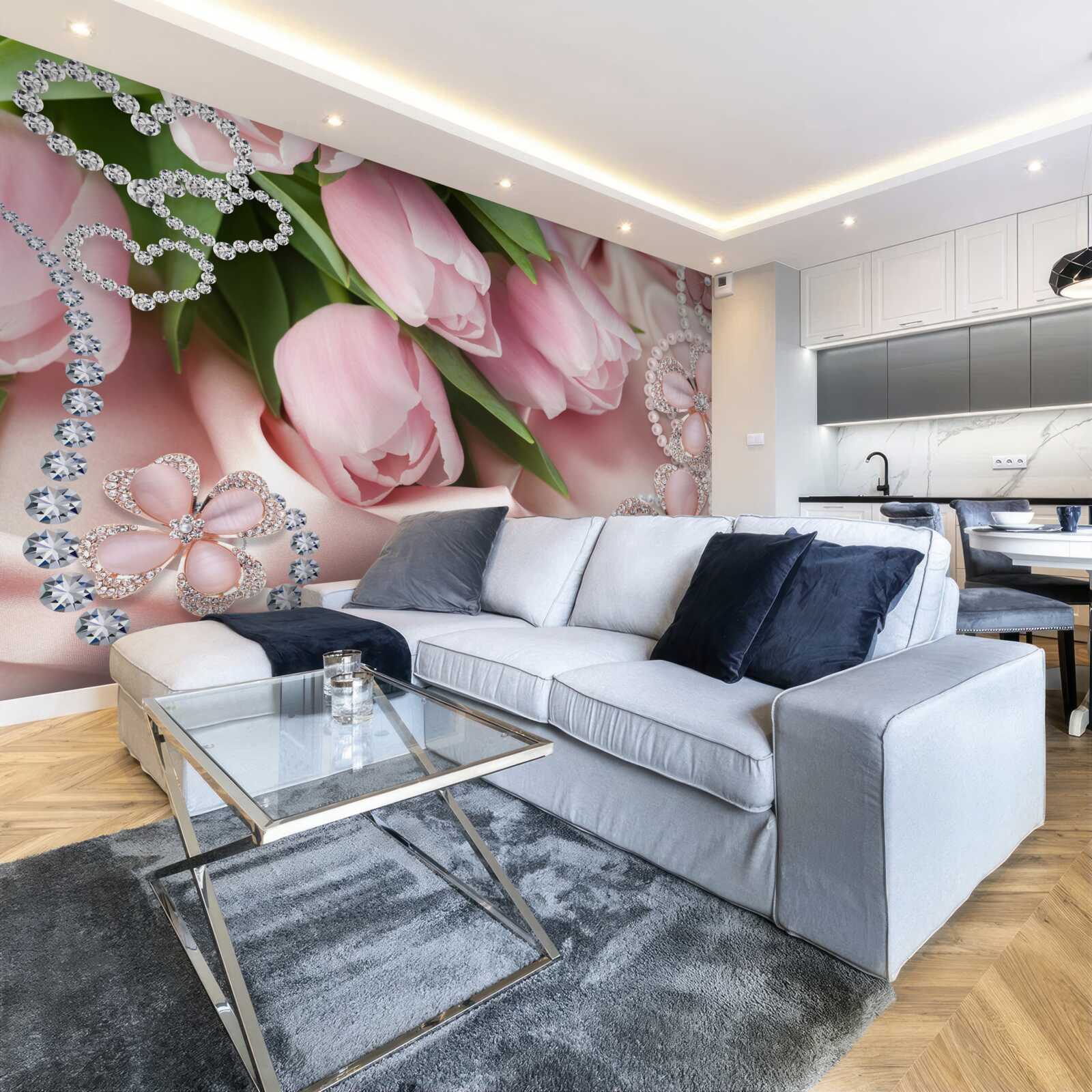 Fototapeten Pink Tulpen, mit Perlen auf einem Seidenhintergrund verziert