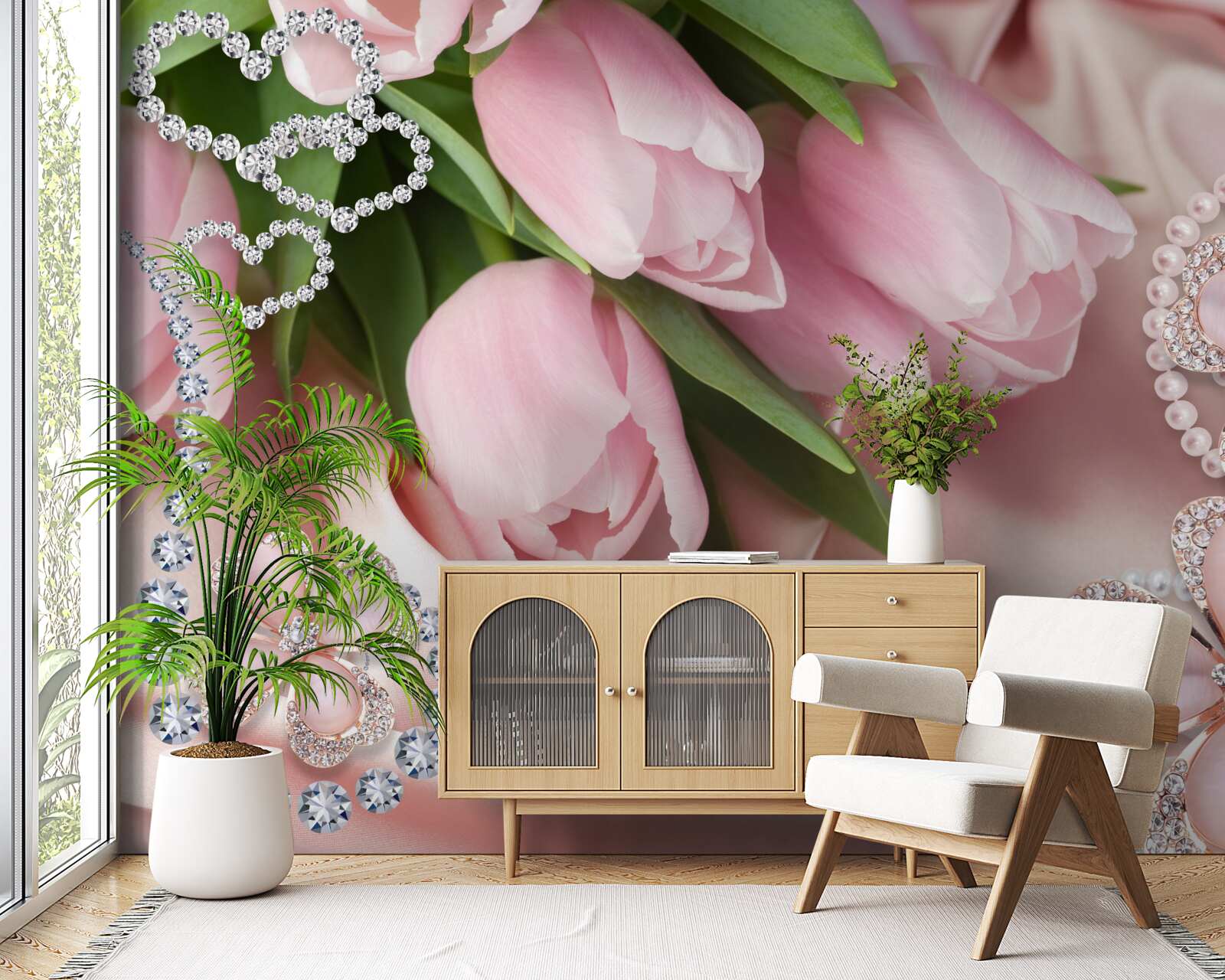 Fototapeten Pink Tulpen, mit Perlen auf einem Seidenhintergrund verziert