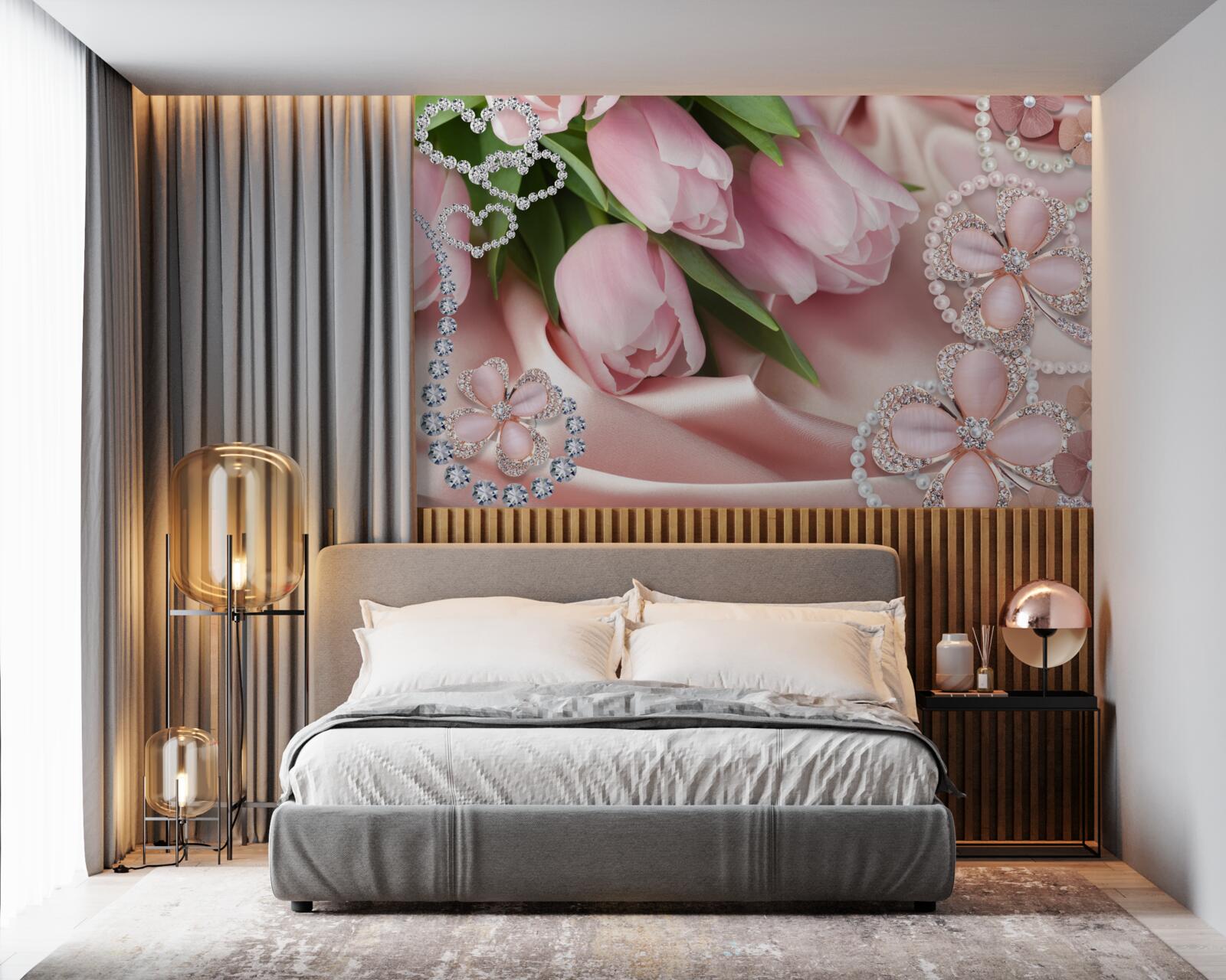 Fototapeten Pink Tulpen, mit Perlen auf einem Seidenhintergrund verziert