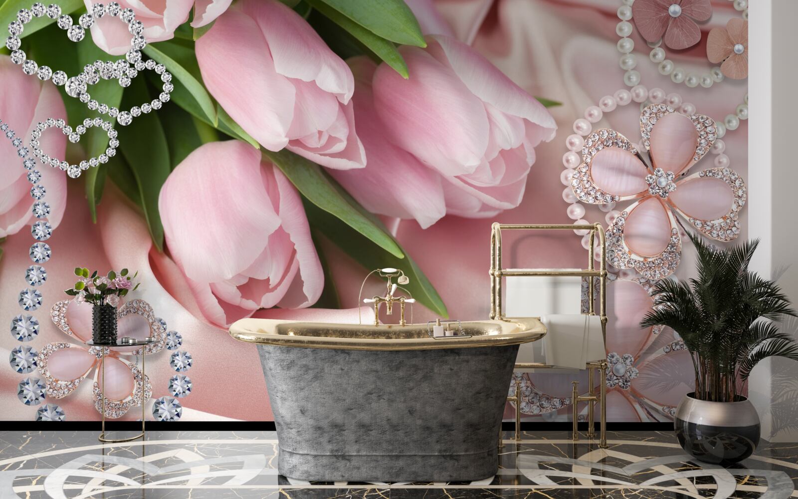 Fototapeten Pink Tulpen, mit Perlen auf einem Seidenhintergrund verziert