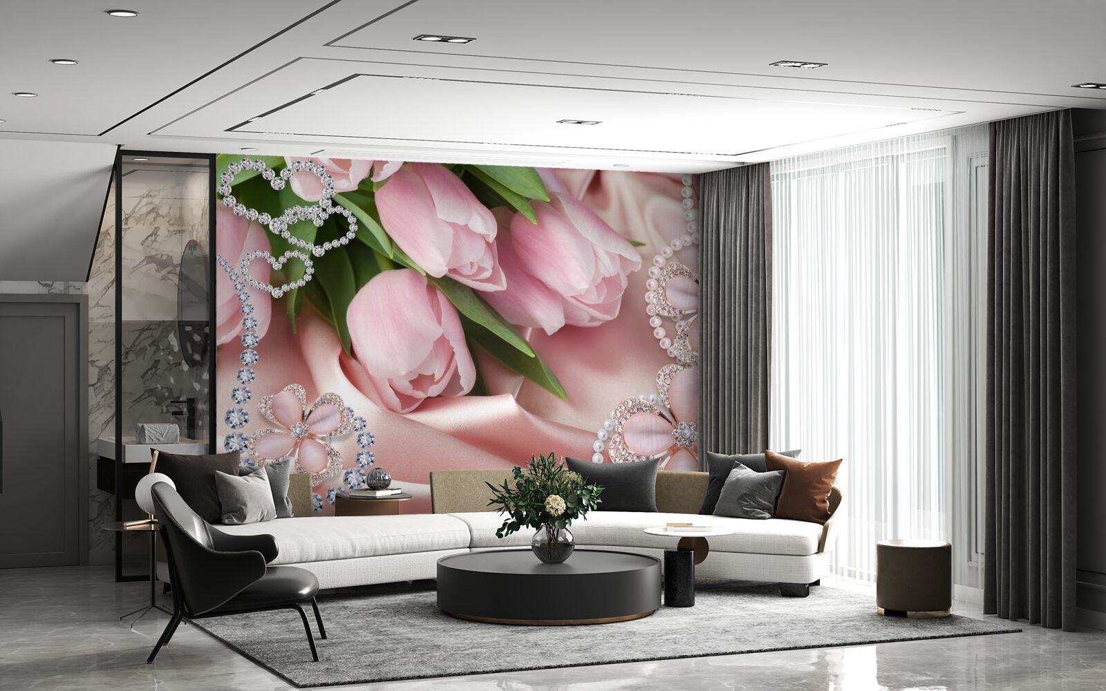 Fototapeten Pink Tulpen, mit Perlen auf einem Seidenhintergrund verziert