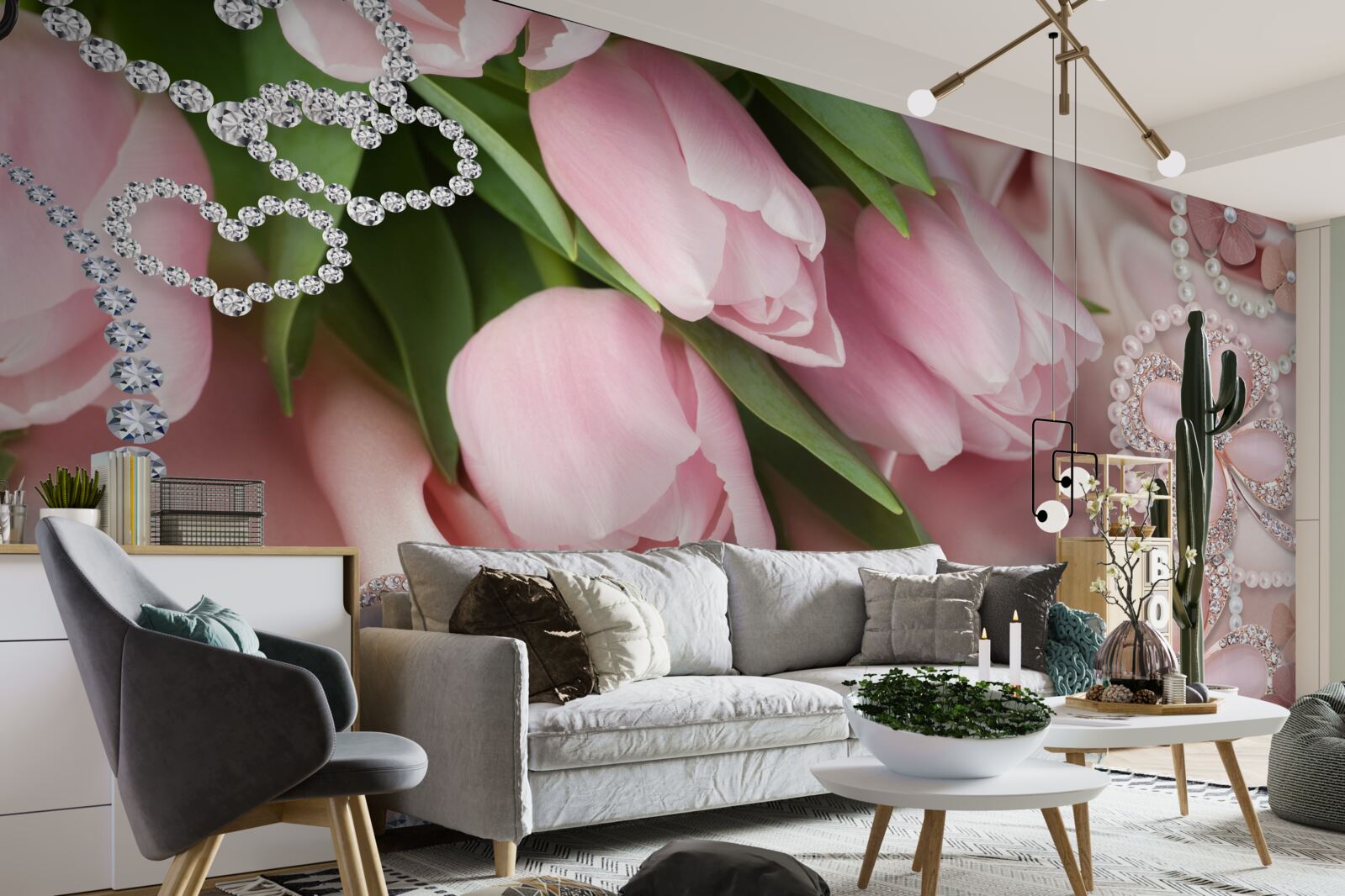 Fototapeten Pink Tulpen, mit Perlen auf einem Seidenhintergrund verziert