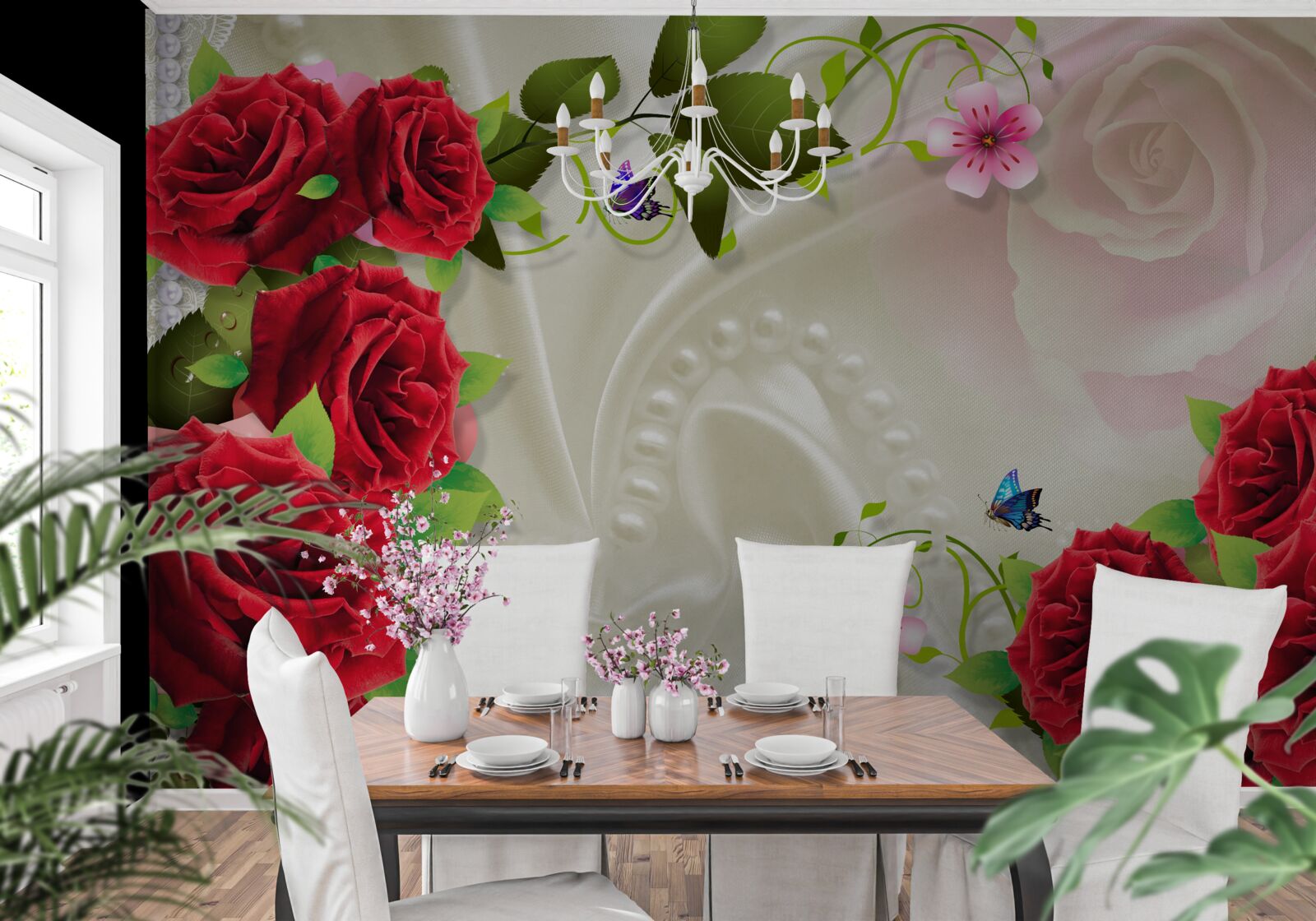 Fototapeten Eine Reihe von Steinen und roten Rosen