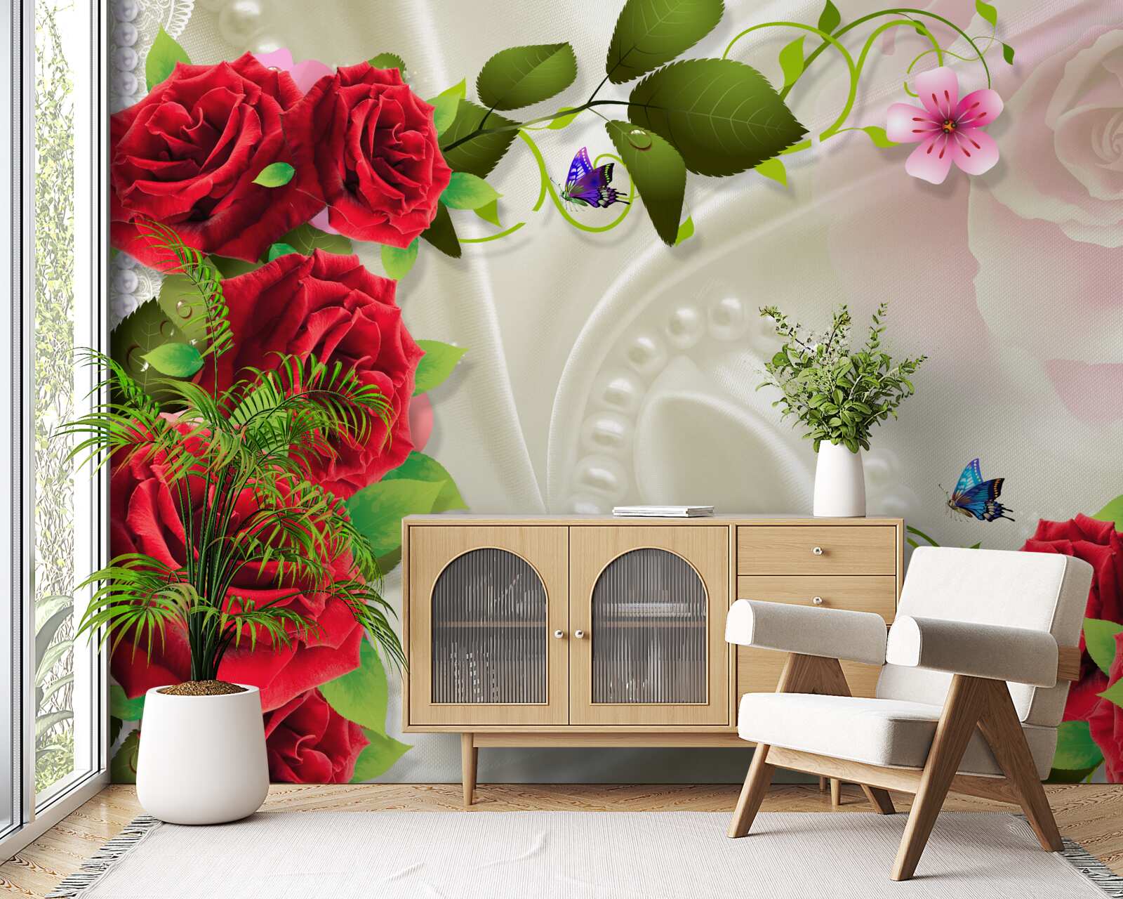 Fototapeten Eine Reihe von Steinen und roten Rosen