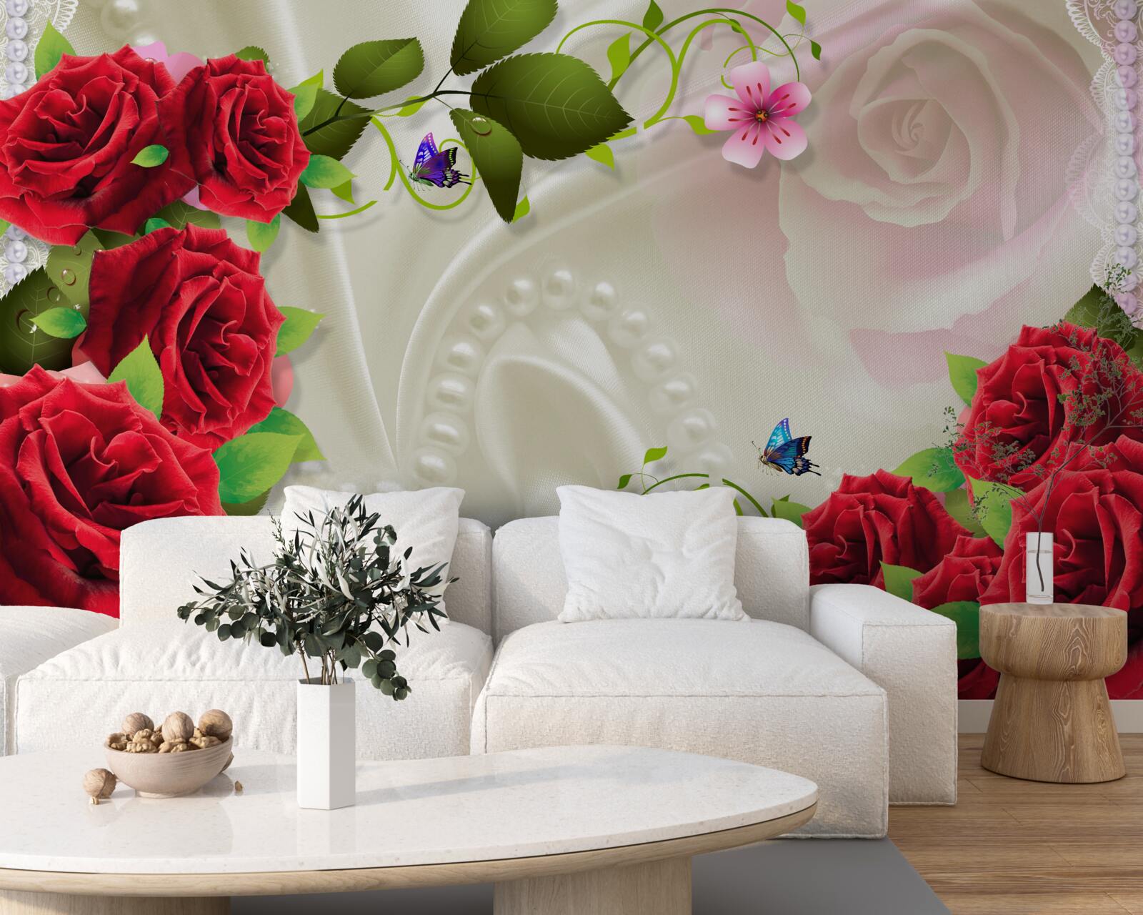 Fototapeten Eine Reihe von Steinen und roten Rosen
