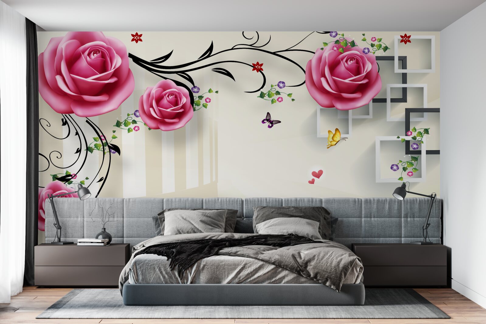Fototapeten Pink Rose blüht auf den Zweigen und weißen Schwänen schwimmen