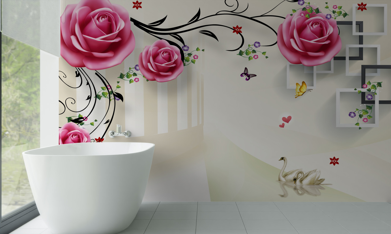 Fototapeten Pink Rose blüht auf den Zweigen und weißen Schwänen schwimmen