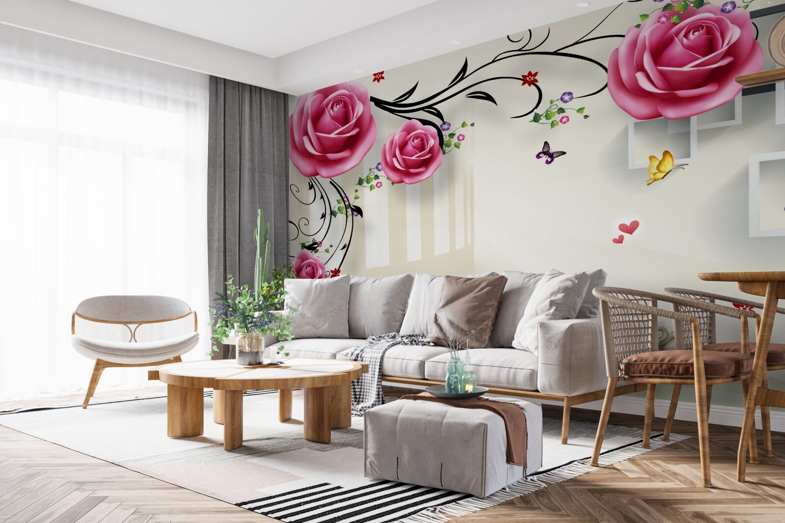 Fototapeten Pink Rose blüht auf den Zweigen und weißen Schwänen schwimmen