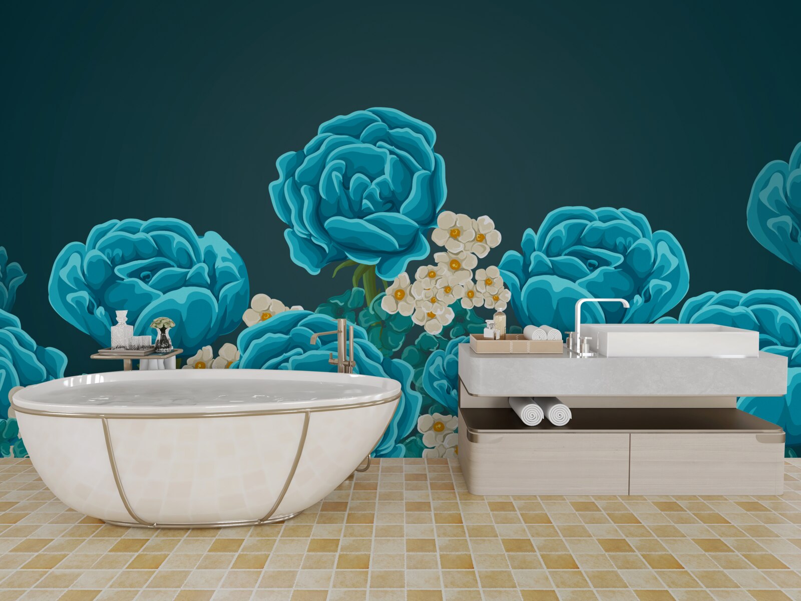 Fototapeten Stokrotki sind schneeweiß und miniaturen, und die Rosen sind hellblau